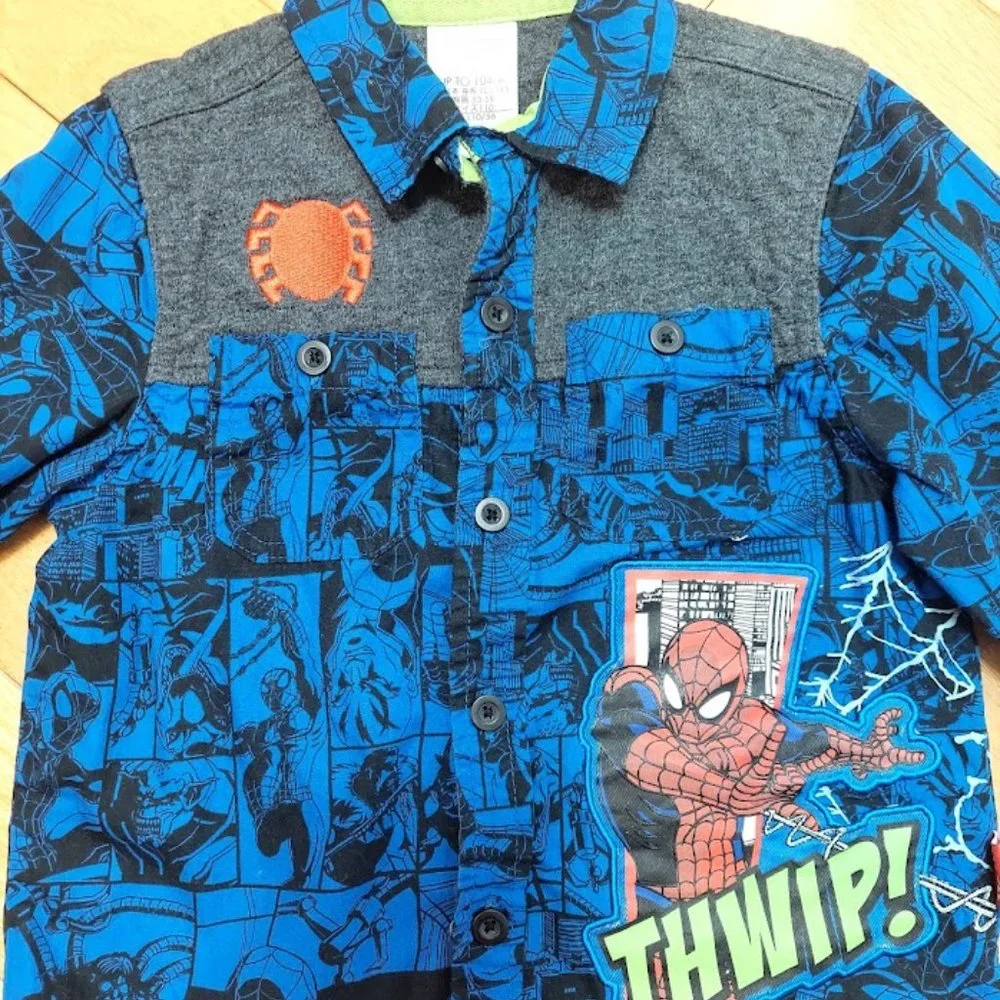 DISNEY STORE MARVEL Boys 4 LONG SLEEVED SHIRT SPIDERMAN Embroidered‎ BLUE Button